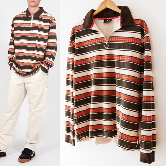 Lazy Oaf Other - Lazy Oaf Men's Gramps Striped Knit Quarter Zip Collar Cotton Sweater Top Brown L